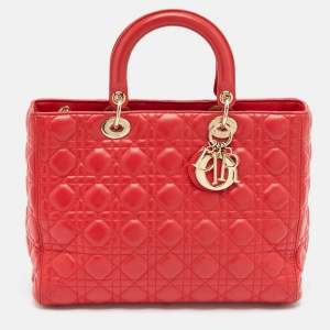 Pre Owned Dior Red Cannage Leather Large Lady Dior Tote