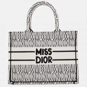 Dior White/Black Canvas Miss Dior Allover Embroidery Book Tote Bag