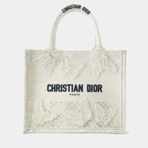 Dior White Canvas Small Butterfly Embroidery Book Tote Bag