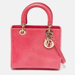 Pre Owned Dior Pink Snakeskin Leather Medium Lady Dior Tote