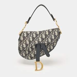 Dior Navy Blue Oblique Canvas and Leather Mini Saddle Bag