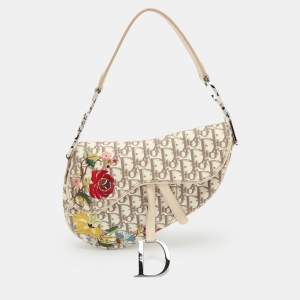 Dior Beige/White Oblique Canvas and Leather Floral Embroidered Saddle Shoulder Bag