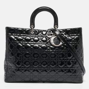 Dior Black Cannage Patent Leather XL Lady Dior Tote