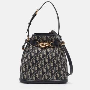 Pre Owned Dior Navy Blue Oblique Canvas and Leather Medium C'est Dior Bucket Bag 
