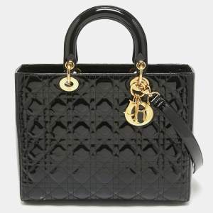 Pre Owned Dior Black Cannage Patent Leather Large Lady Dior Tote