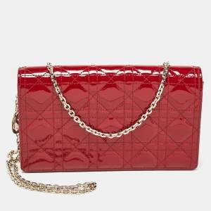Dior Red Cannage Patent Leather Lady Dior Chain Pouch