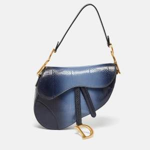 Pre Owned Dior Navy Blue Snakeskin Leather Classic Saddle Bag