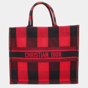 Dior Red/Black Canvas Book Tote Check Pattern  Size Large