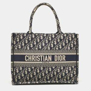 Pre Owned Dior Navy Blue Oblique Embroidered Canvas Medium Book Tote
