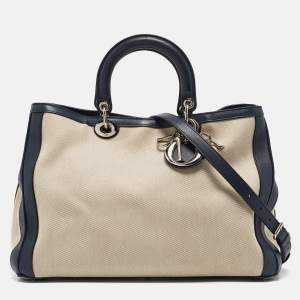 Dior Navy Blue/natural Canvas and Leather Large Diorissimo Shopper Tote