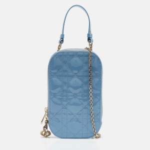 Pre Owned Dior Light Blue Cannage Patent Leather Lady Dior Phone Chain Holder