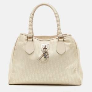 Dior White/Beige Diorissimo Nylon and Leather Lovely Bag