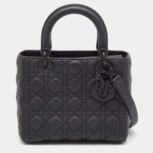 Pre Owned Dior Black Cannage Leather Ultra Matte Medium Lady Dior Tote
