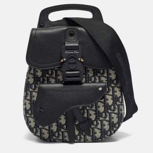 Dior Navy Blue Oblique Canvas and Leather Mini Saddle Backpack