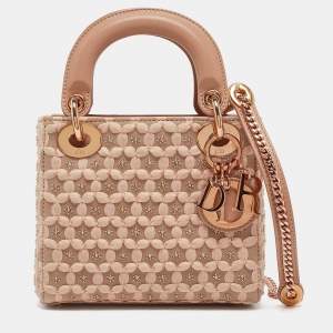 Pre Owned Dior Peach Leather and Suede Mini Beaded Ribbon Lady Dior Tote
