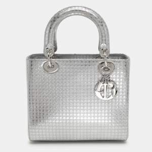 Dior Silver Cannage Leather Medium Lady Dior Top Handle Bag