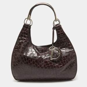 Pre Owned Dior Purple Croc Embossed Patent Leather 61 Tote