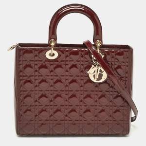 Dior Burgundy Cannage Patent Leather Large Lady Dior Tote