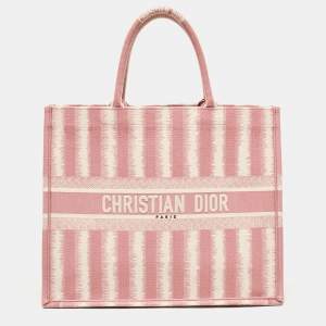 Dior Pink/White Canvas Large Stripe Book Tote