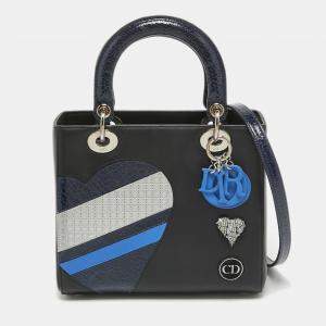 Dior Black/Blue Crackled Patent and Leather Medium Patch Embellished  Lady Dior Tote