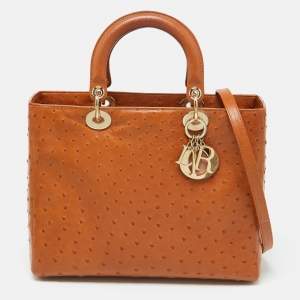 Pre Owned Dior Orange Ostrich Leather Large Lady Dior Tote