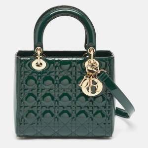 Dior Green Cannage Patent Leather Medium Lady Dior Tote