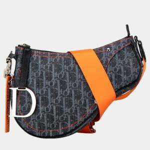 Christian Dior Indigo Blue Orange Canvas Dior Trotter Saddle Flight Line Shoulder Bag