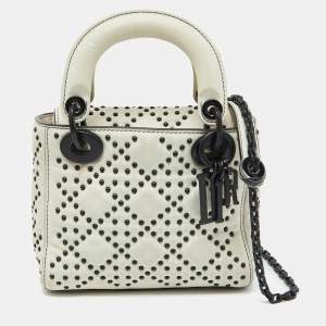 Dior White Leather Studded Cannage Mini Lady Dior Tote