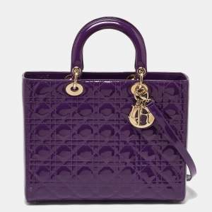 Pre Owned Dior Purple Cannage Quilted Patent Leather Large Lady Dior Tote