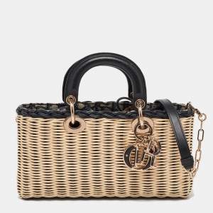 Pre Owned Dior Beige/Navy Blue Wicker and Leather Medium Dioriviera Lady D-Joy Bag