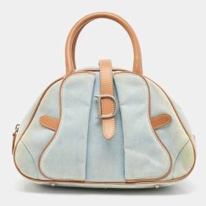 Pre Owned Dior Light Blue/Brown Denim and Leather Saddle Bowler Bag