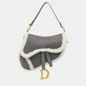 Dior Grey Medium Shearling Suede Saddle