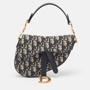 Dior Navy Blue Oblique Canvas and Leather Mini Saddle Bag