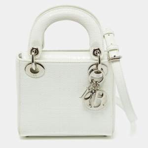 Pre Owned Dior White Microcannage Patent Leather Mini Lady Dior Tote