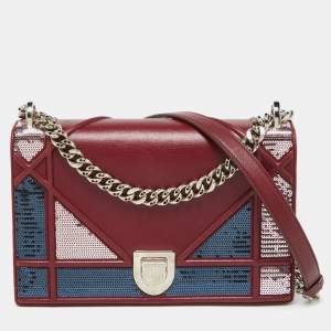 Pre Owned Dior Burgundy Leather and Sequins Medium Diorama Shoulder Bag