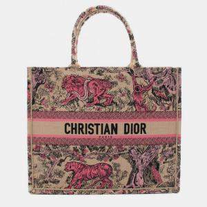 Christian Dior Canvas Beige Pink Dioriviera Large Toile de Jouy Sauvage Embroidery Raffia Book Tote Bag