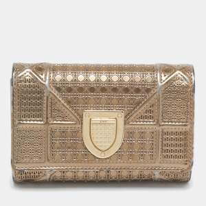 Pre Owned Dior Gold Mircoannage Patent Leather Diorama Trifold Wallet