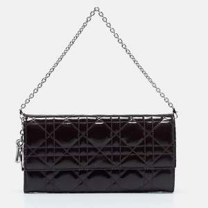 Pre Owned Dior Purple Cannage Patent Leather Lady Dior Wallet On Chain