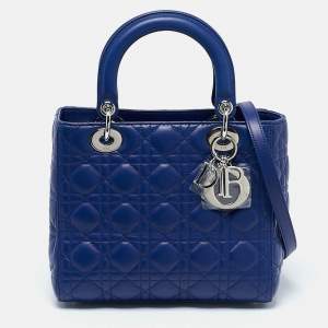 Pre Owned Dior Blue Cannage Leather Medium Lady Dior Tote