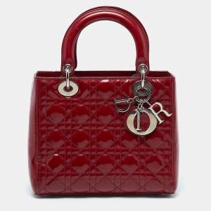 Pre Owned Dior Red Cannage Patent Leather Medium Lady Dior Tote
