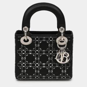 Pre Owned Dior Black Rhinestone Cannage Satin Mini Lady Dior Tote