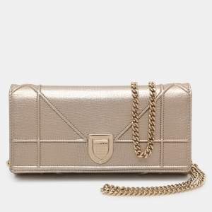 Pre Owned Dior Metallic Beige Leather Diorama Wallet on Chain