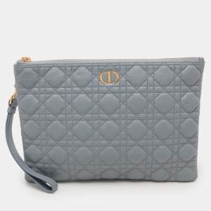 Pre Owned Dior Dust Blue Quilted Leather Caro Wristlet Clutch