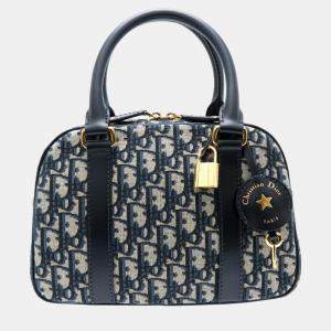 Christian Dior Leather Navy D-Vide Bowling Handbag