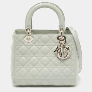 Pre Owned Dior Light Green Cannage Leather Medium Lady Dior Tote