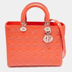 Pre Owned Dior Orange Cannage Patent Leather Large Lady Dior Tote