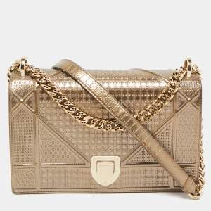 Pre Owned Dior Gold Microcannage Patent Leather Medium Diorama Flap Shoulder Bag