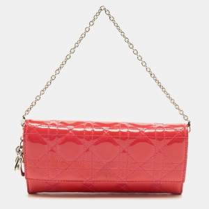Pre Owned Dior Pink Cannage Patent Leather Lady Dior Wallet On Chain