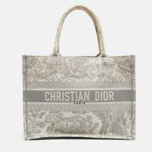 Dior Grey/White Embroidered Toile de Jouy Canvas Medium Book Tote 