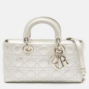 Pre Owned Dior Silver Cannage Leather Medium Lady D-Joy Tote